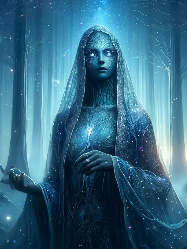 Portrait of a Draumari, dream-touched and luminous in shadowed blue light