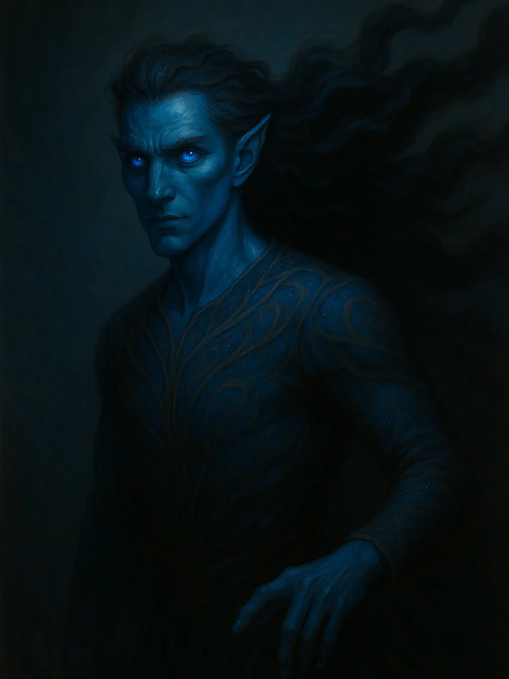 Portrait of an Eidolorn with flowing shadow hair and luminous blue eyes