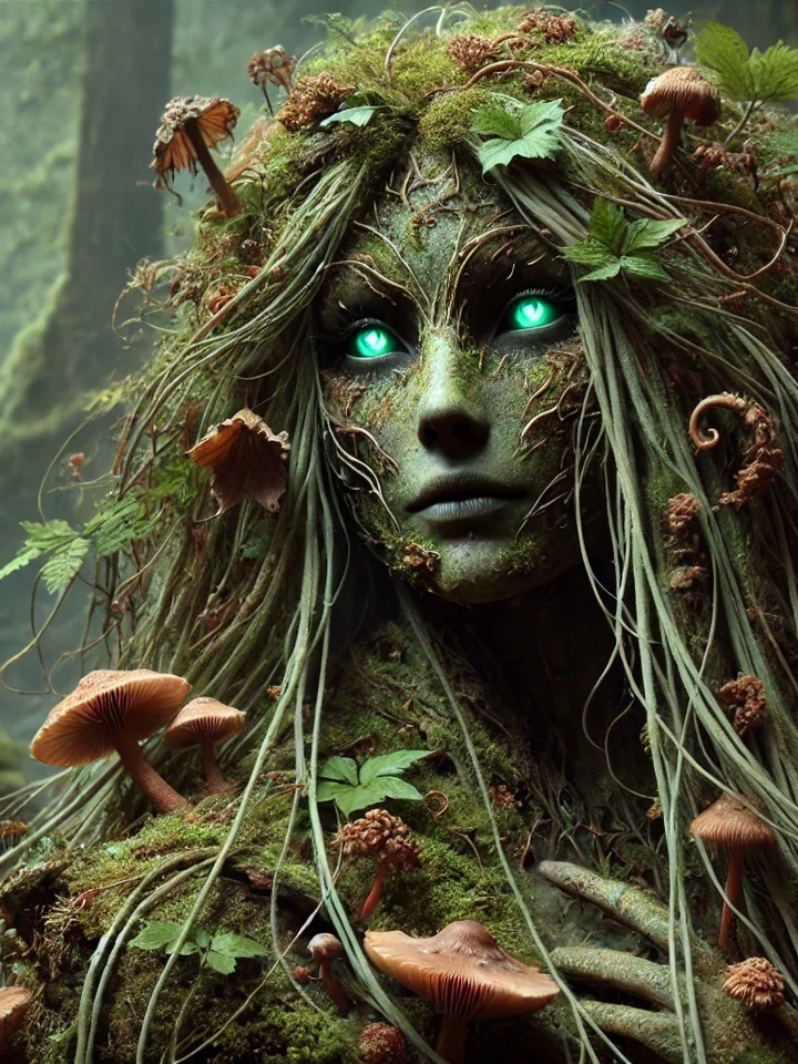 Portrait of a Wyrdfolk figure of moss, root, leaf, and green light