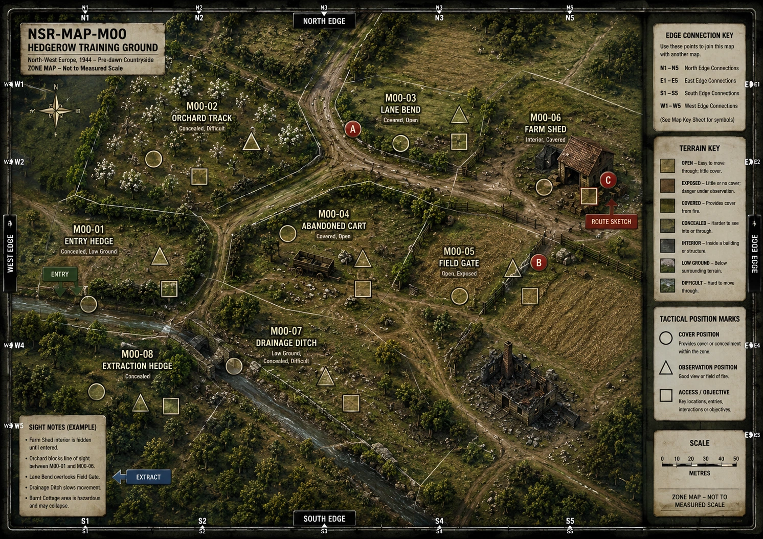 No Safe Road Hedgerow Training Ground mission map with terrain, edge connections, and tactical position keys