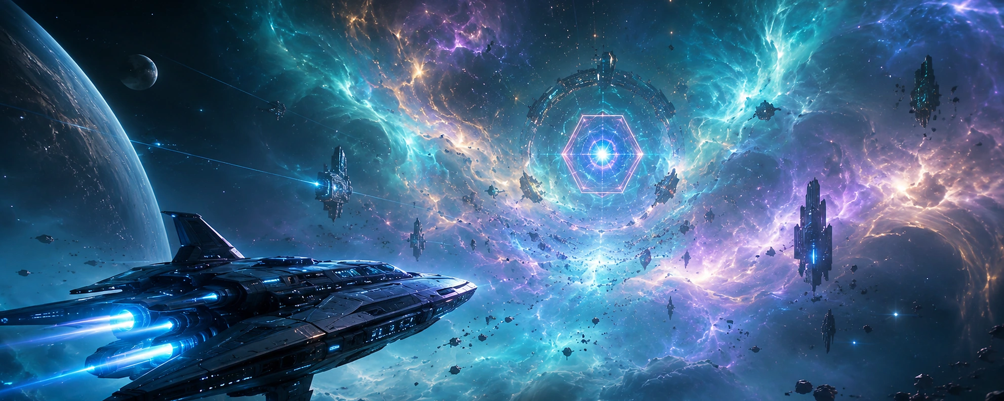 Resonance expedition artwork showing starships moving through a luminous anomaly field