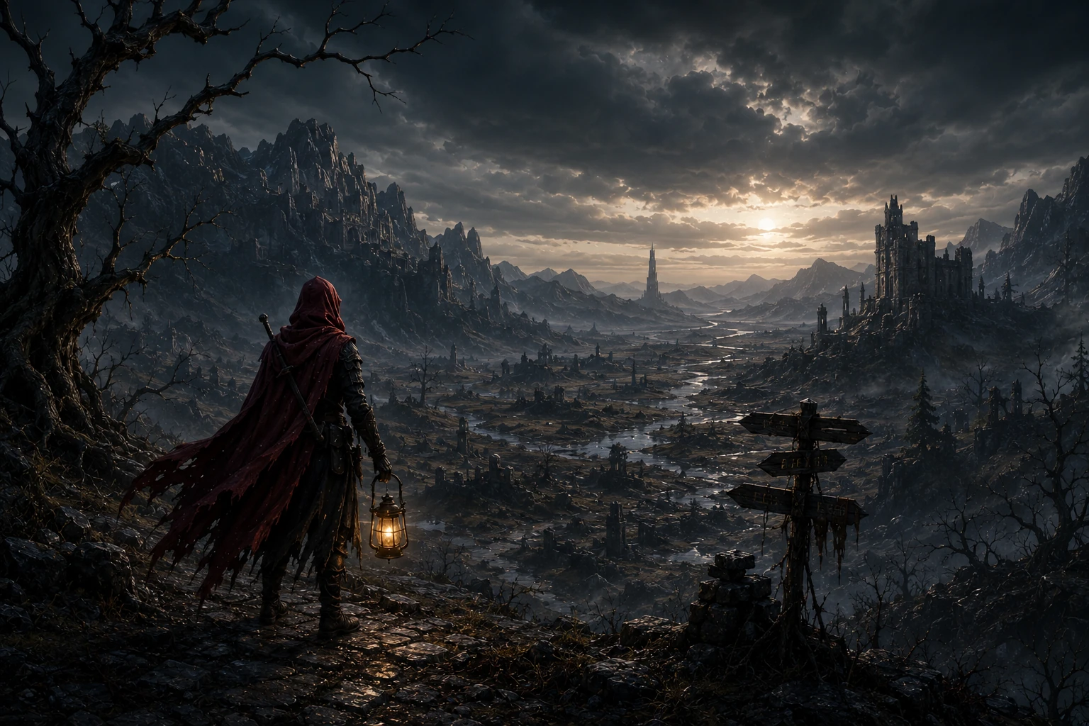 Haunted dusk valley and distant ruins