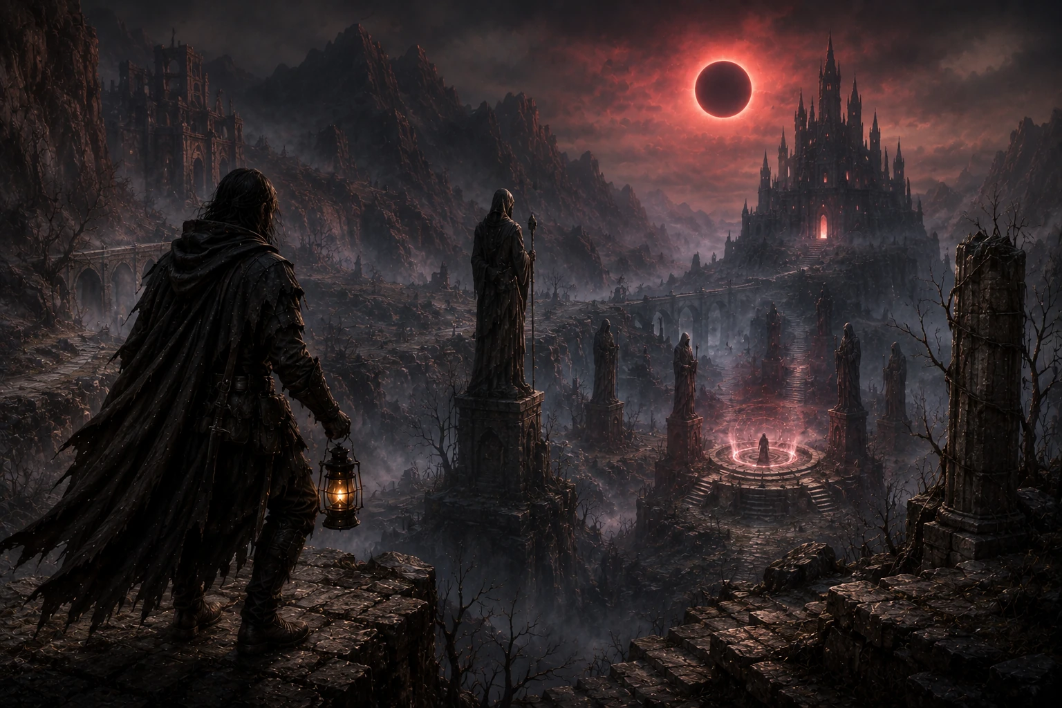 Haunted ruins beneath a red eclipse