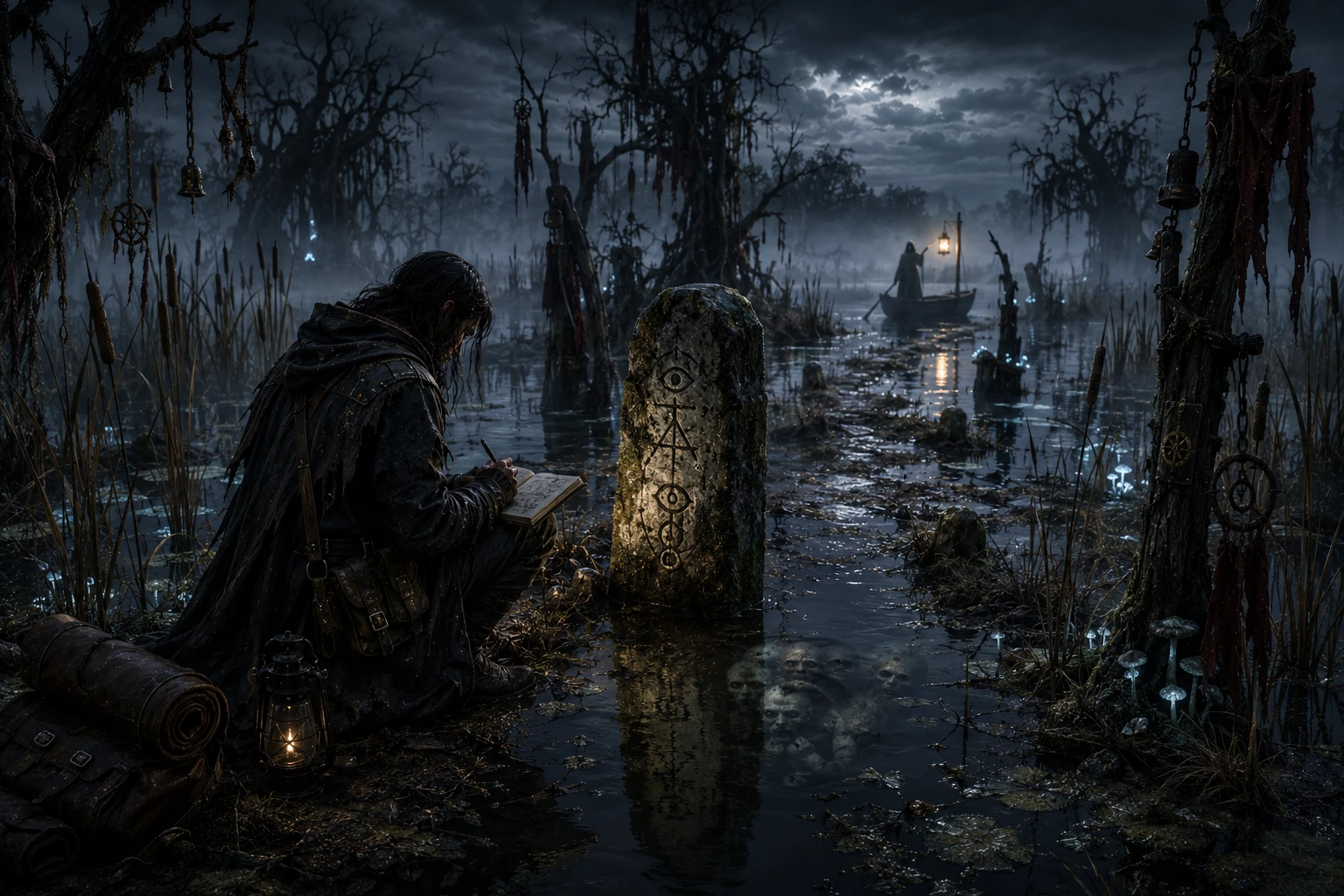 Misty swamp with lantern and black water